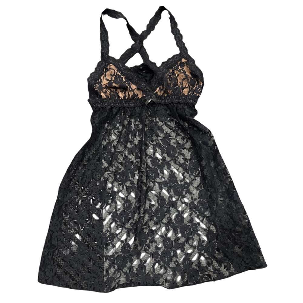 Black Floral Lace Babydoll Chemise Sheer Mesh Lingerie Nightie Crisscross Straps